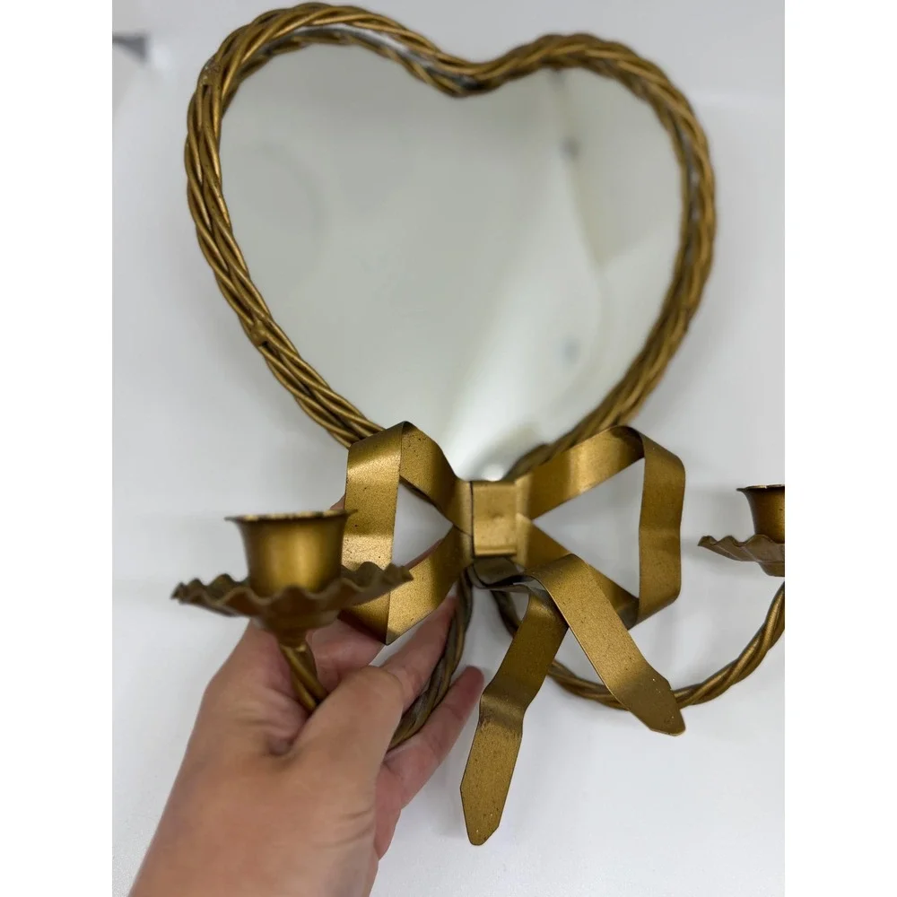 VTG Heart Mirror Candle‎ Sconce Gold Bow Ribbon Twisted Metal Hollywood Regency
